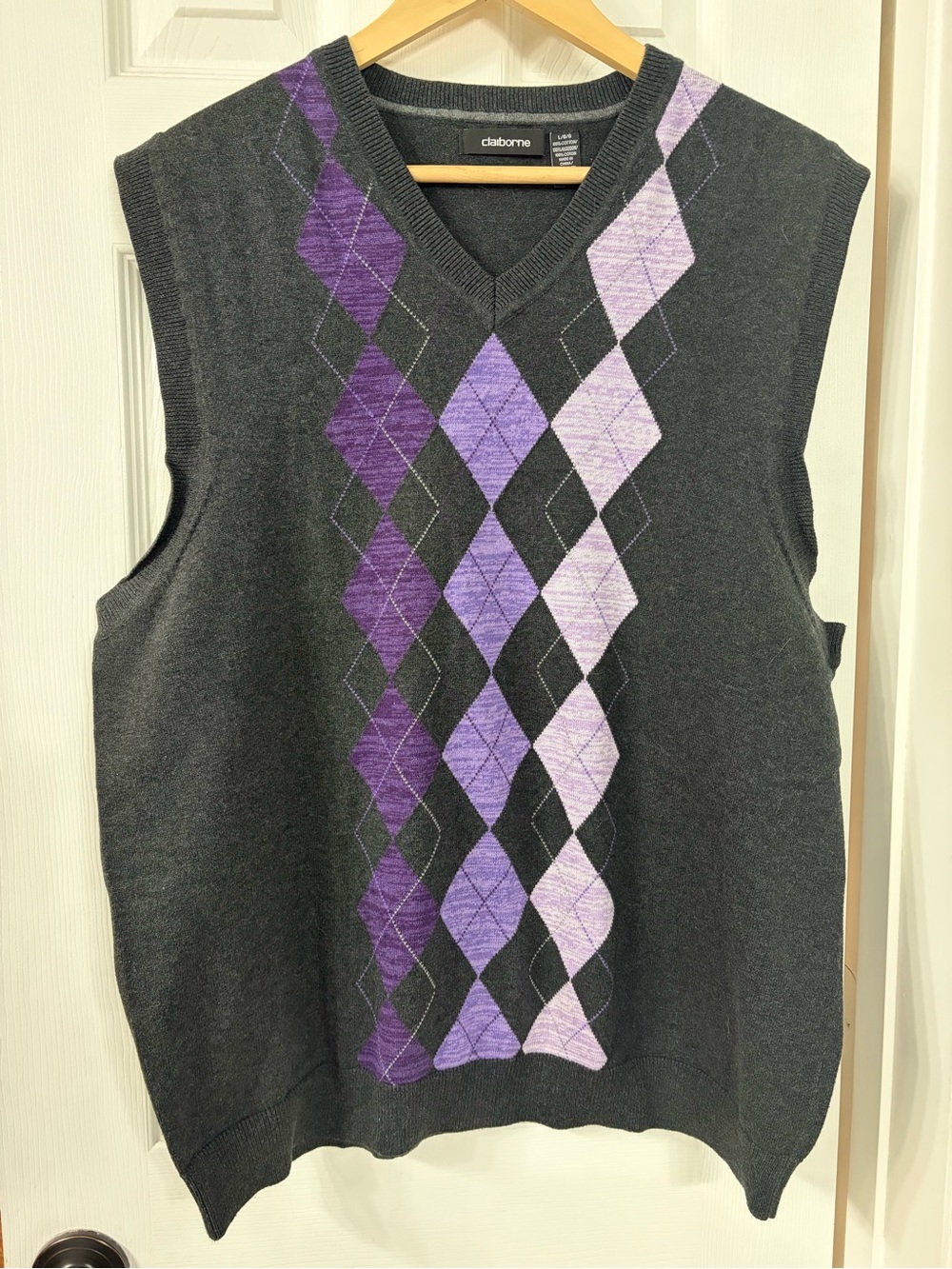Claiborne Charcoal Gray Sweater Vest with Purple Argyle Columns